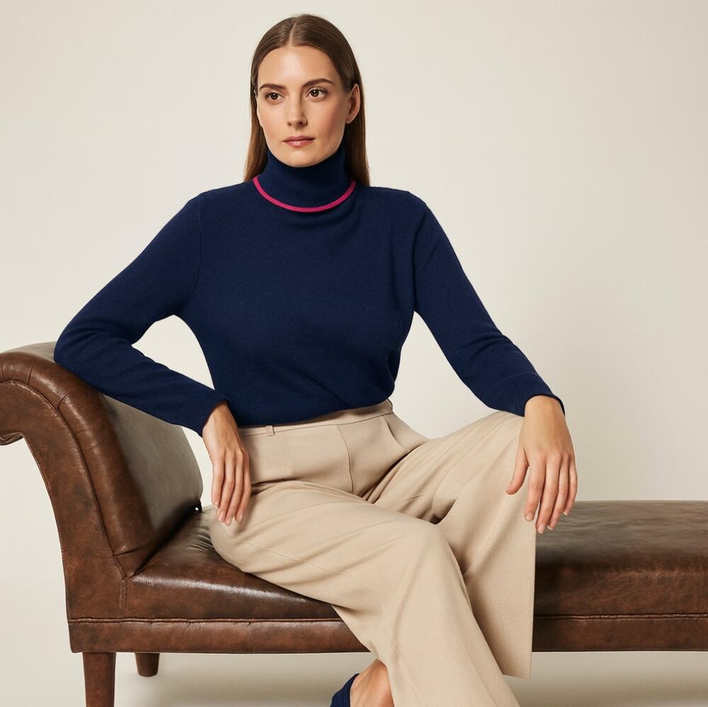 PURE COLLECTION 100% Cashmere Turtleneck Sweater Navy Blue Pink Sz 8/10 M {NN20}